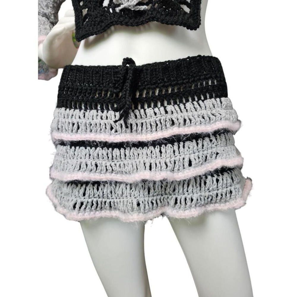 Handmade Crochet Mini Skirt – Black, Gray‎ & Pink Ruffle Knit
